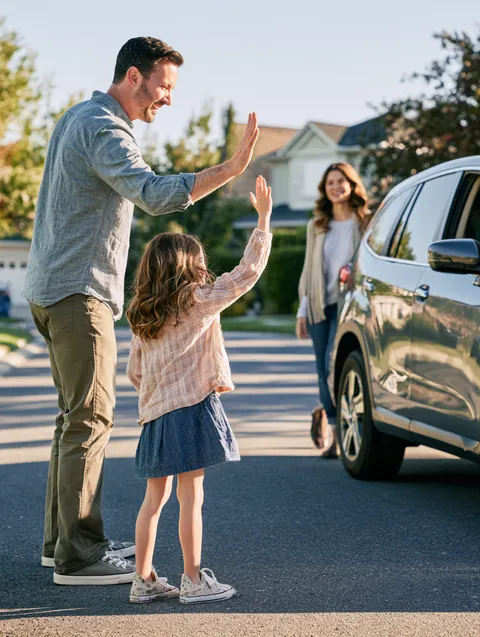 Dad giving his daughter a high-five beside the family SUV on a sunny suburban street, mom smiling behind them.