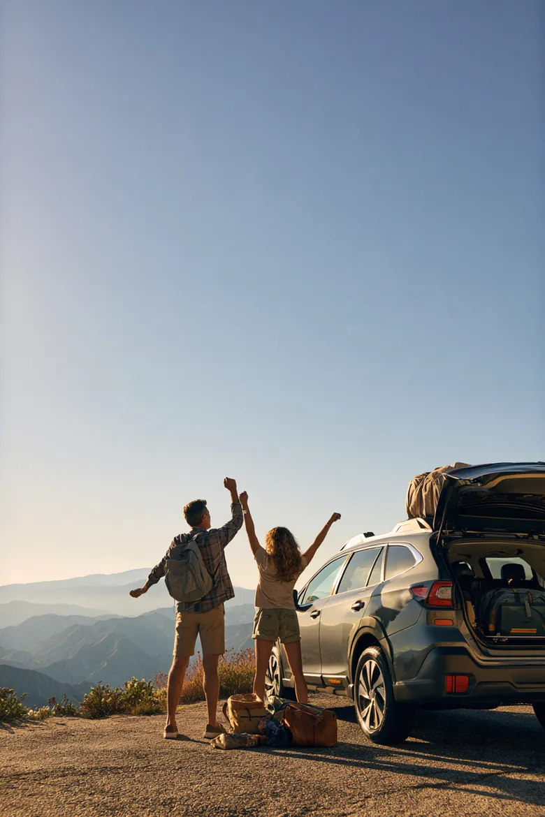 Couple in their fifties stretching beside their SUV at a mountain overlook, a road trip made possible after a $1,500 loan repair.