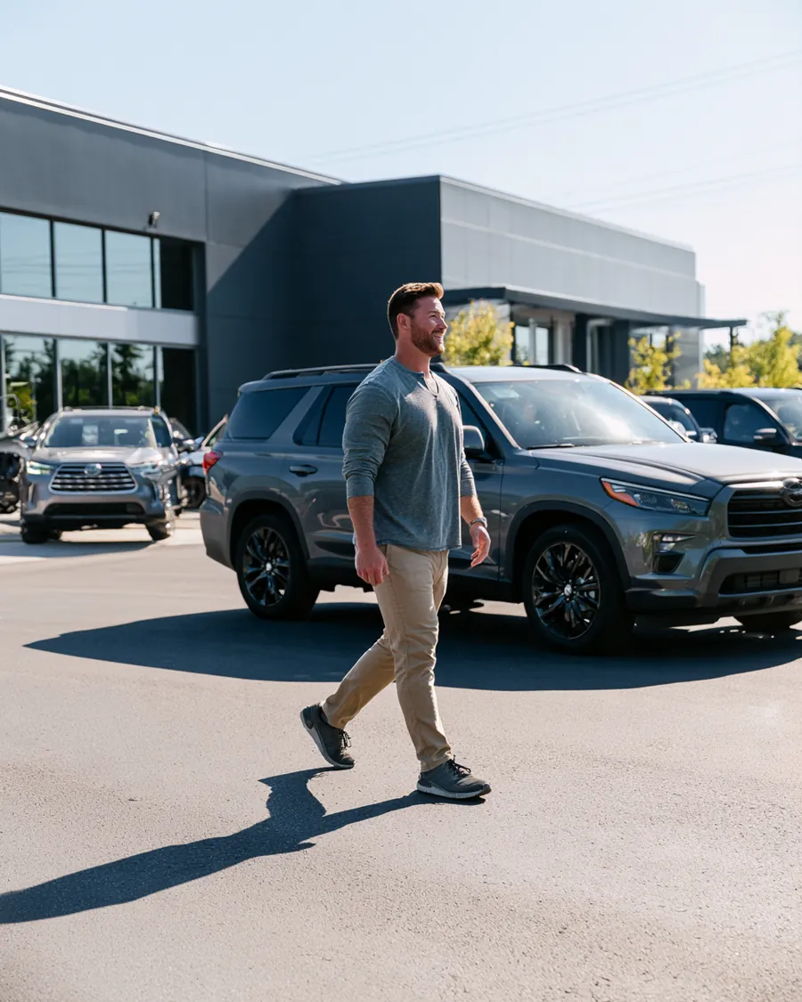Man in his 40s walking toward his SUV with a new bumper outside a collision center after a $4,000 loan repair.