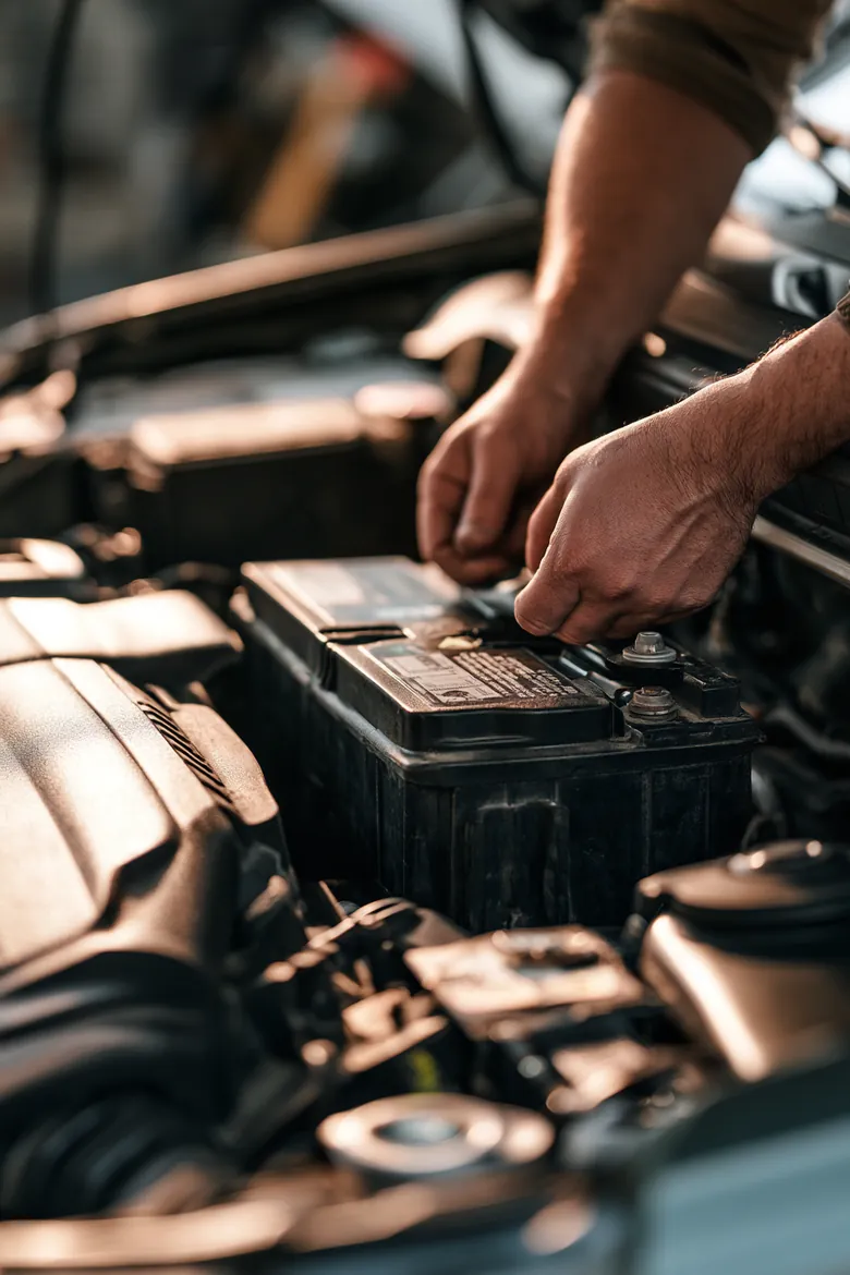 Hands lowering a new car battery into an engine bay in a home garage, a common repair a $500 loan covers.