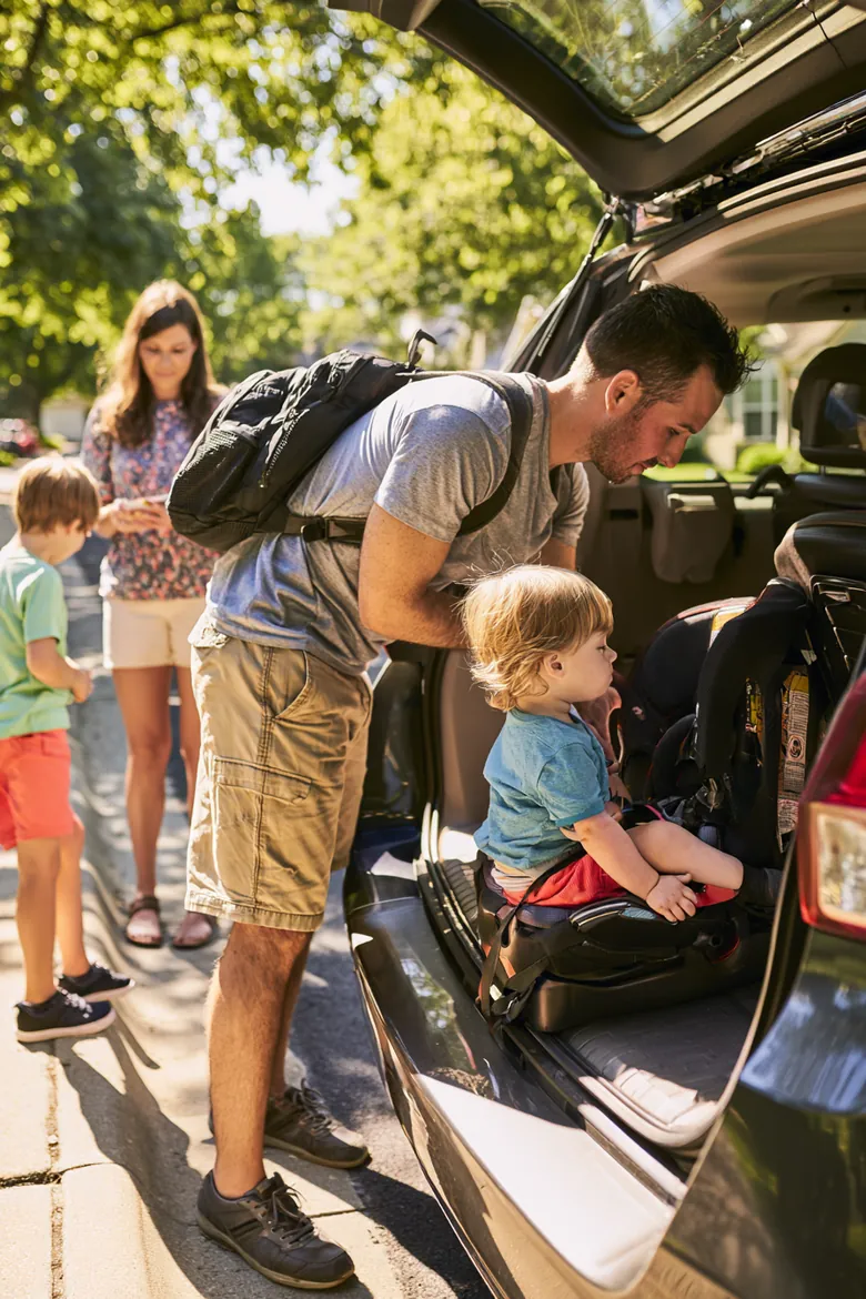 A father buckles a toddler into a car seat in the family minivan while mom and an older child wait, ready to apply with Auto Approve.