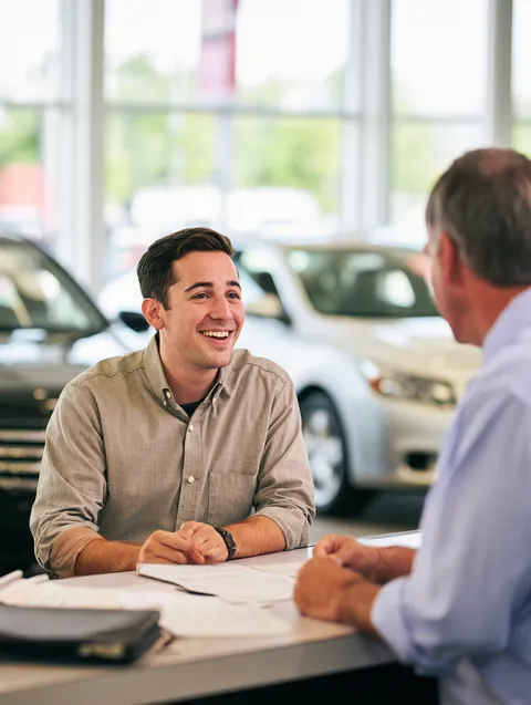 Young man talking with a friendly service advisor at the counter of a modern dealership service drive