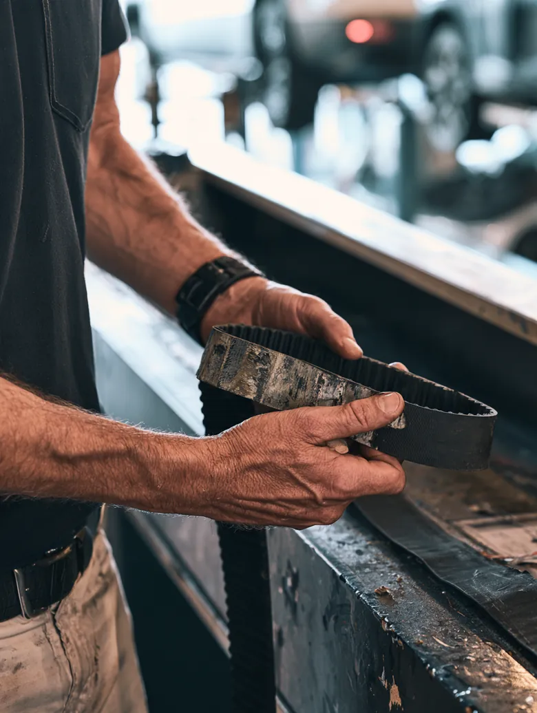 Hands holding a worn serpentine belt beside a new one at a parts counter, from the Auto Approve repair loan guide