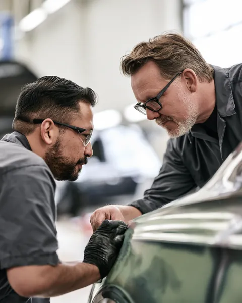 A body shop technician and a man in his 40s inspect a freshly painted front fender in a clean collision center.