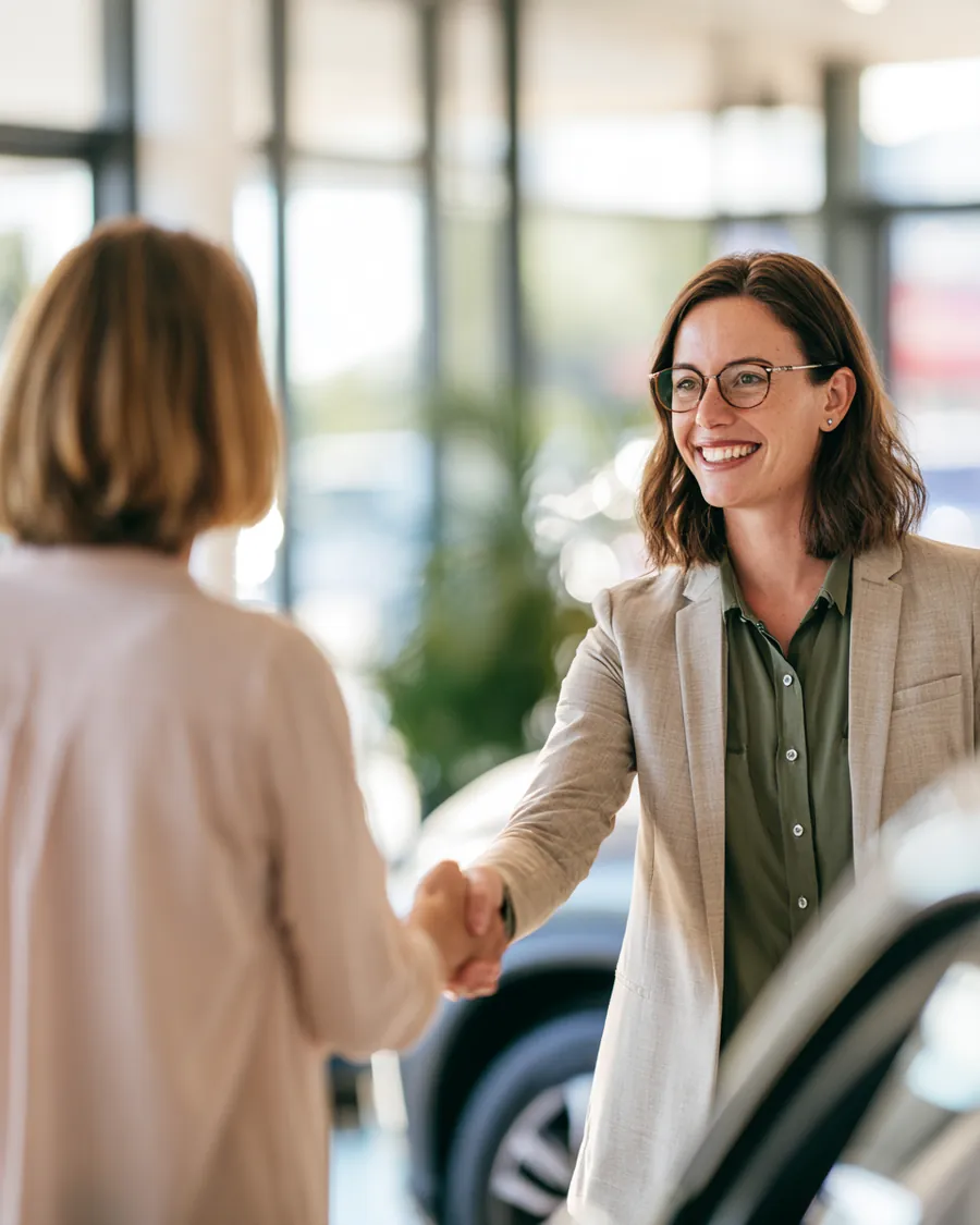 An insurance agent shakes hands with a smiling woman client in a bright neighborhood agency after reviewing Auto Approve loan eligibility.