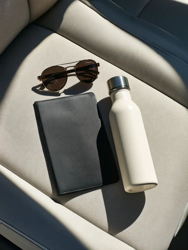 A slim vehicle registration folder rests on a light gray passenger seat beside a reusable water bottle and sunglasses.