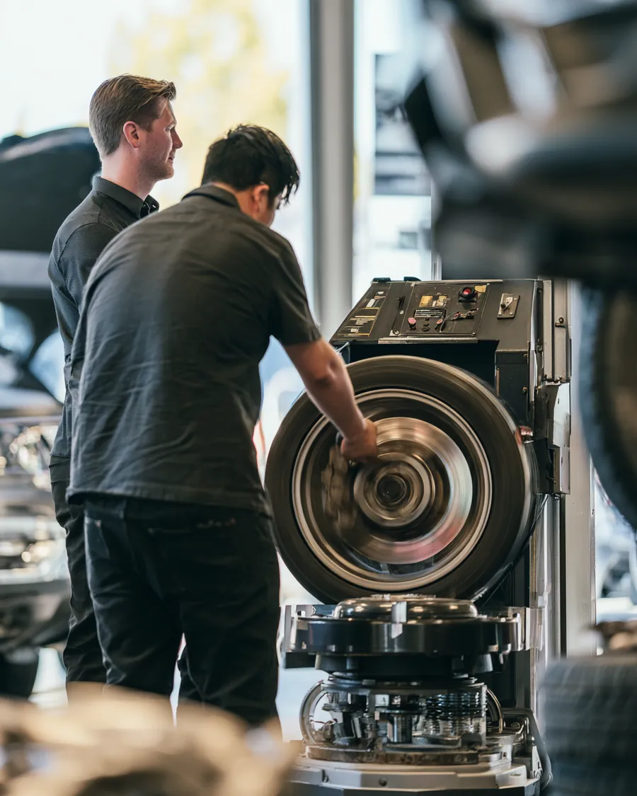 Tire technician spinning a wheel on a balancing machine as a man watches in a bright, tidy tire shop