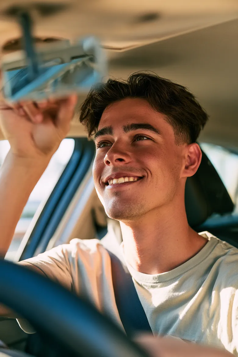 Young rideshare driver adjusting his rearview mirror in a clean car, an Auto Approve insurance renewal guide image