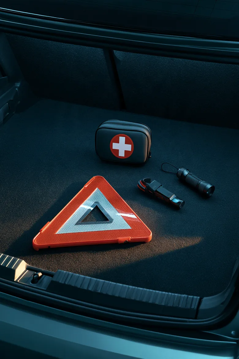 Emergency triangle, first-aid pouch and flashlight in a clean trunk, illustrating the Auto Approve deductible guide