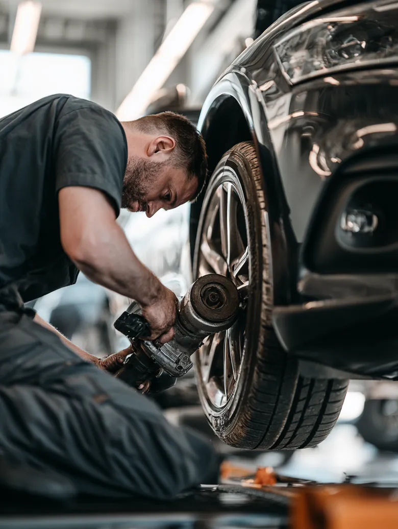 A technician in his forties fastens lug nuts with an impact wrench on a car wheel in a bright tire shop.