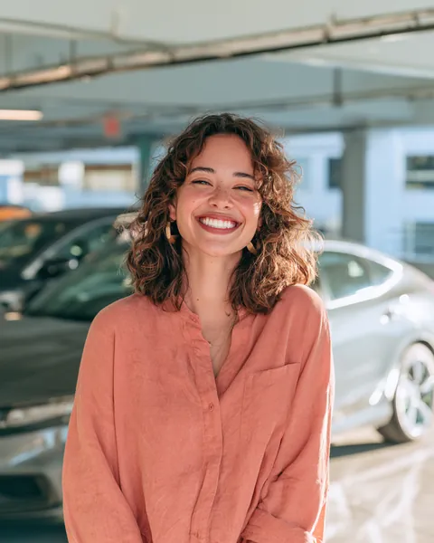 Smiling woman laughing in a bright modern parking garage with her sedan softly blurred behind her