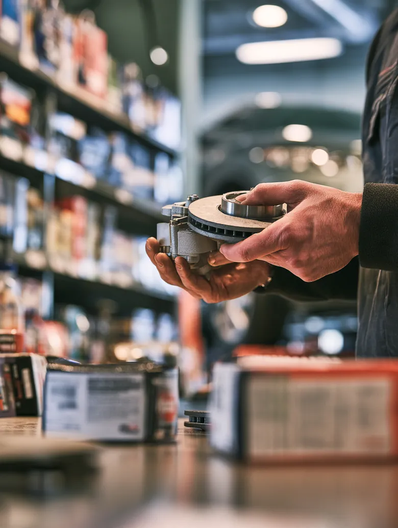 Hands hold a new set of brake pads above the counter of a modern auto parts store with shelves blurred behind.