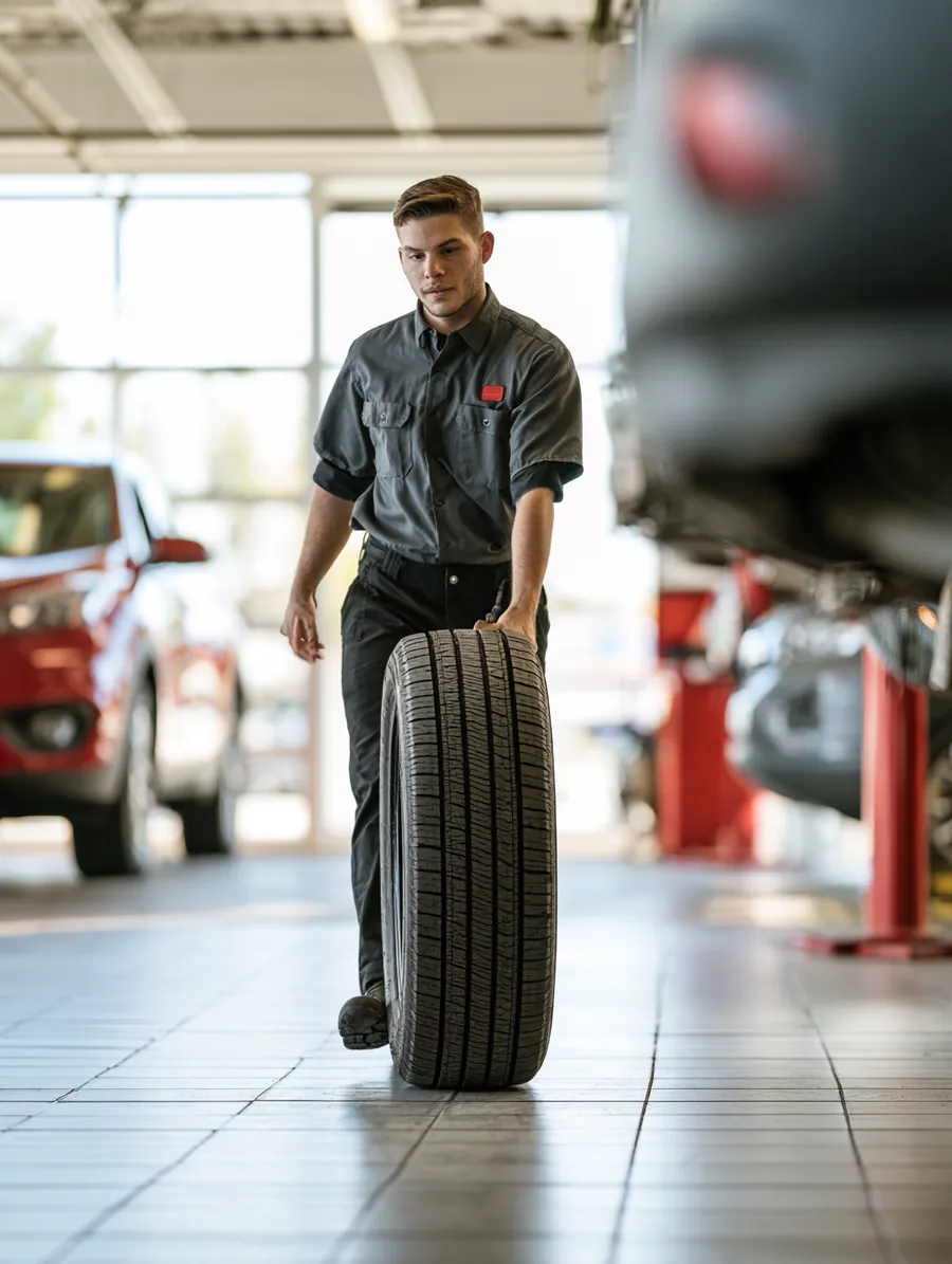 A young tire technician rolls a brand-new tire across the floor of a bright, modern tire shop.